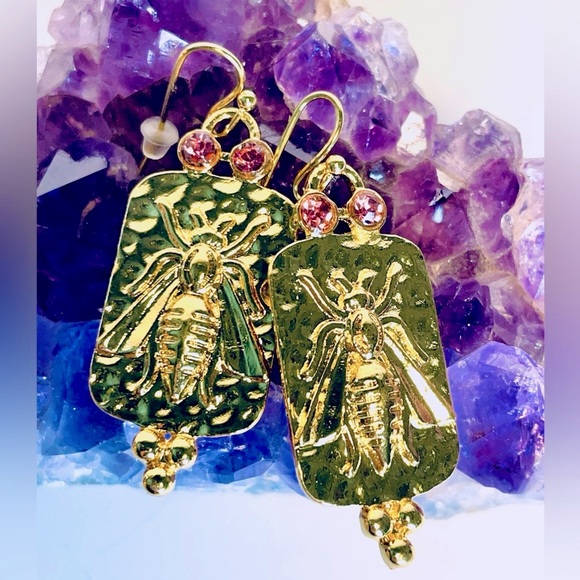 Gold Bee Pink Rhinestone Earrings | Gold Bee Earrings Anthro Vibes 🐝 FreeW/35 - Picture 3 of 13